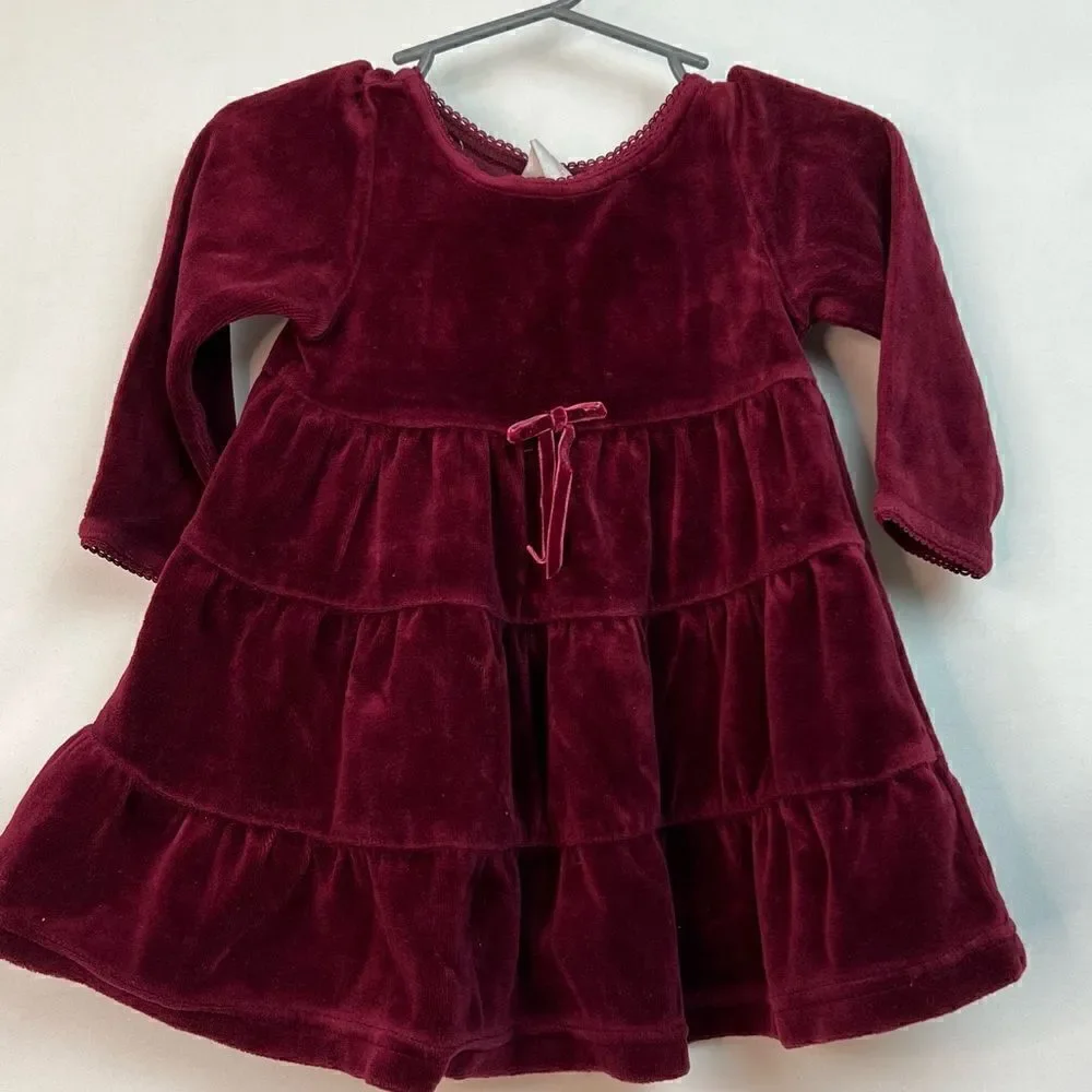 Jillian’s Closet ruffled wine burgundy velour holiday dress size 12 months EUC